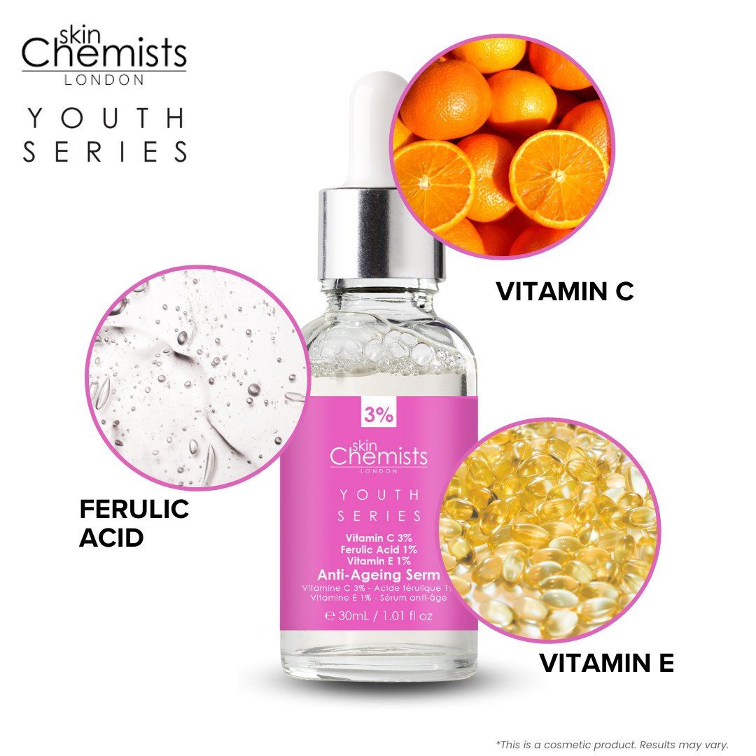 Anti-Aging-Serum der Youth Series mit 3 % Vitamin C, 1 % Ferulasäure und 1 % Vitamin E, 30 ml