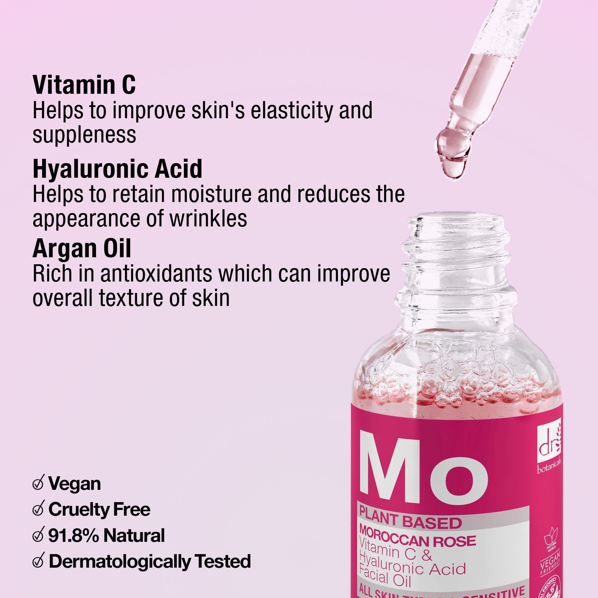 Anti-Aging-Gesichtsöl mit marokkanischer Rose, Hyaluronsäure und Vitamin C, 15 ml & 30 ml
