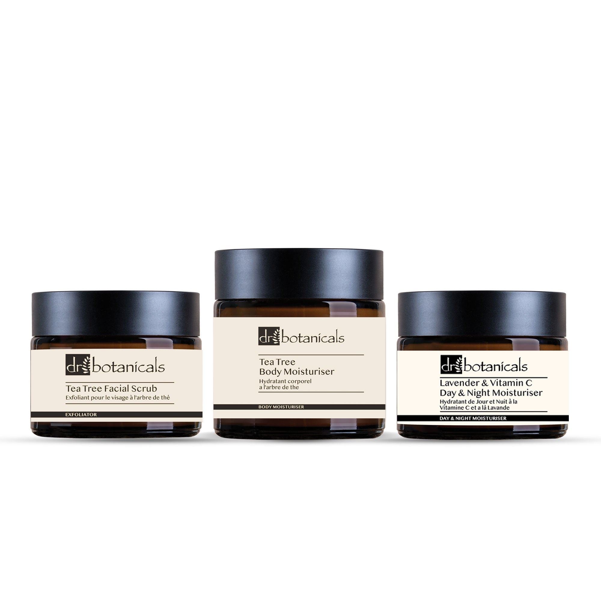 Teebaum-Gesichtspeeling, Lavendel & Vitamin C, Tages- & Nachtcreme, Teebaum-Körpercreme