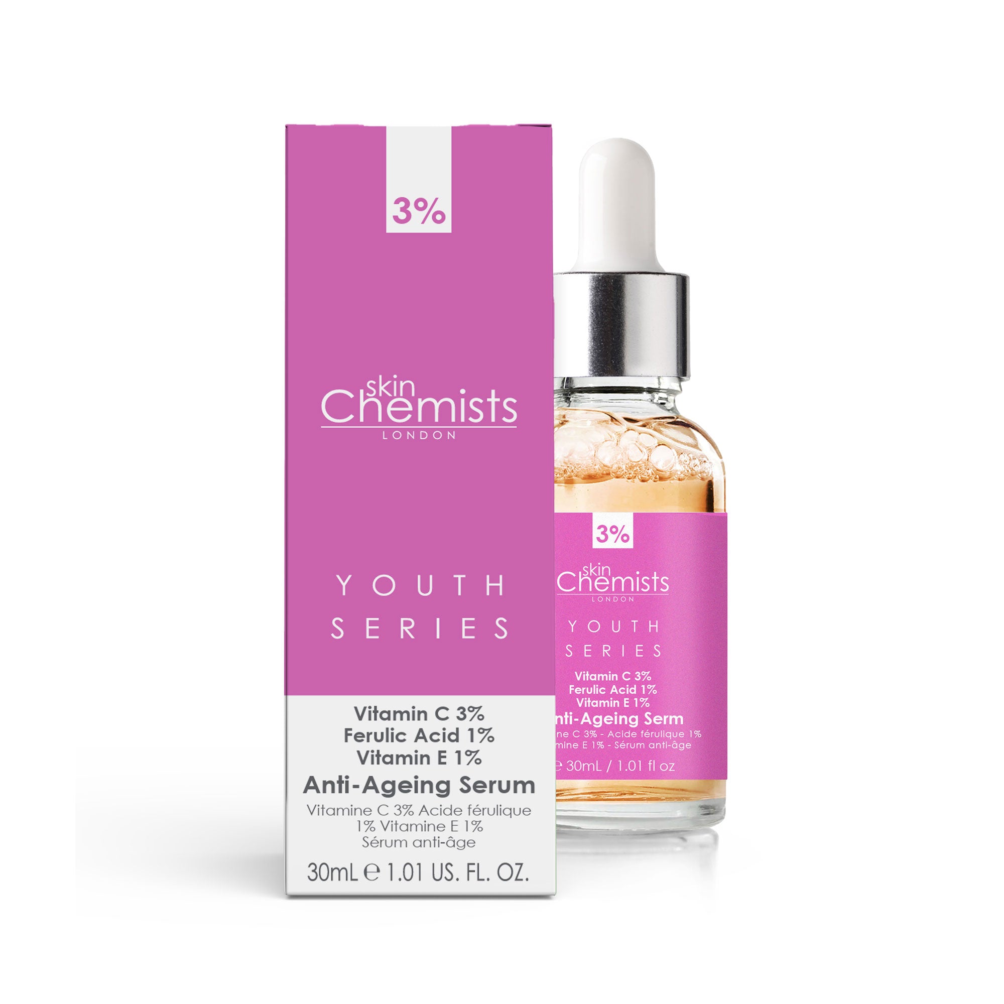 Anti-Aging-Serum der Youth Series mit 3 % Vitamin C, 1 % Ferulasäure und 1 % Vitamin E, 30 ml