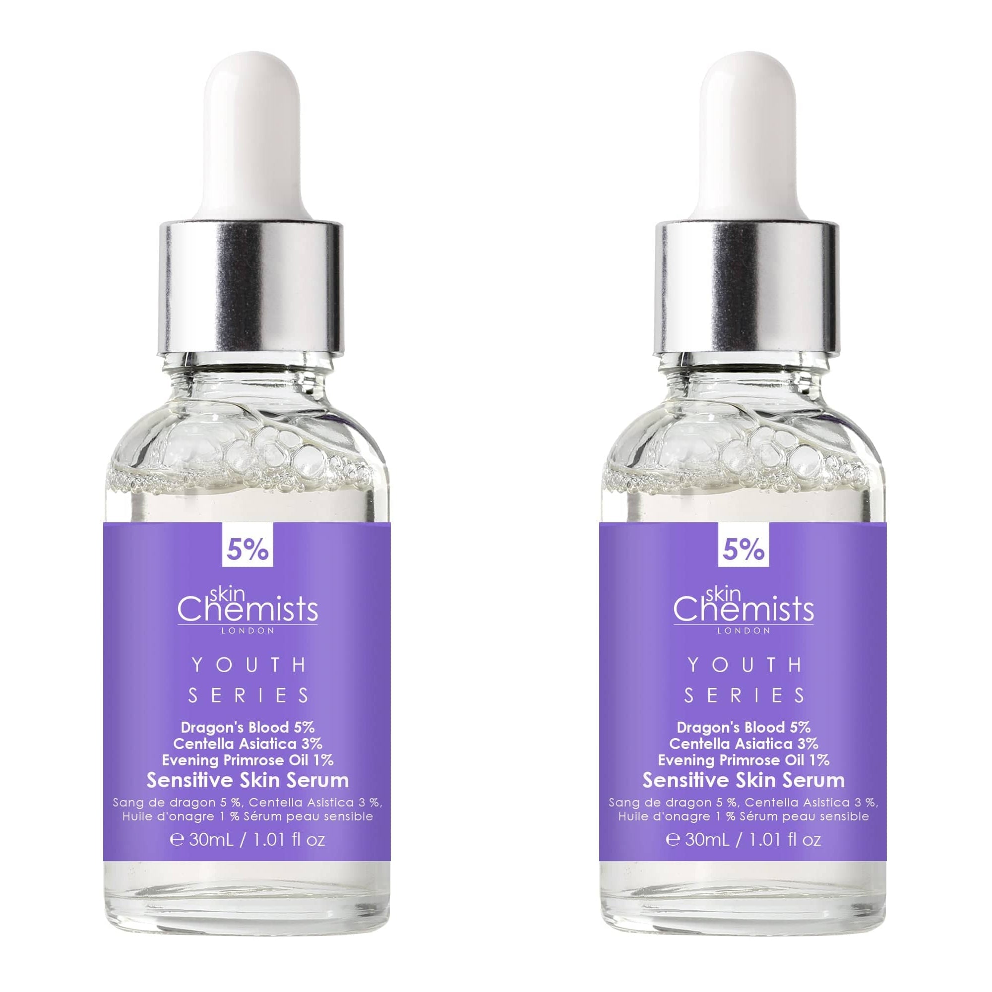 Youth Series Serum für empfindliche Haut mit Drachenblut 5 %, Centella Asiatica 3 %, Nachtkerzenöl 1 %, 2 x 30 ml