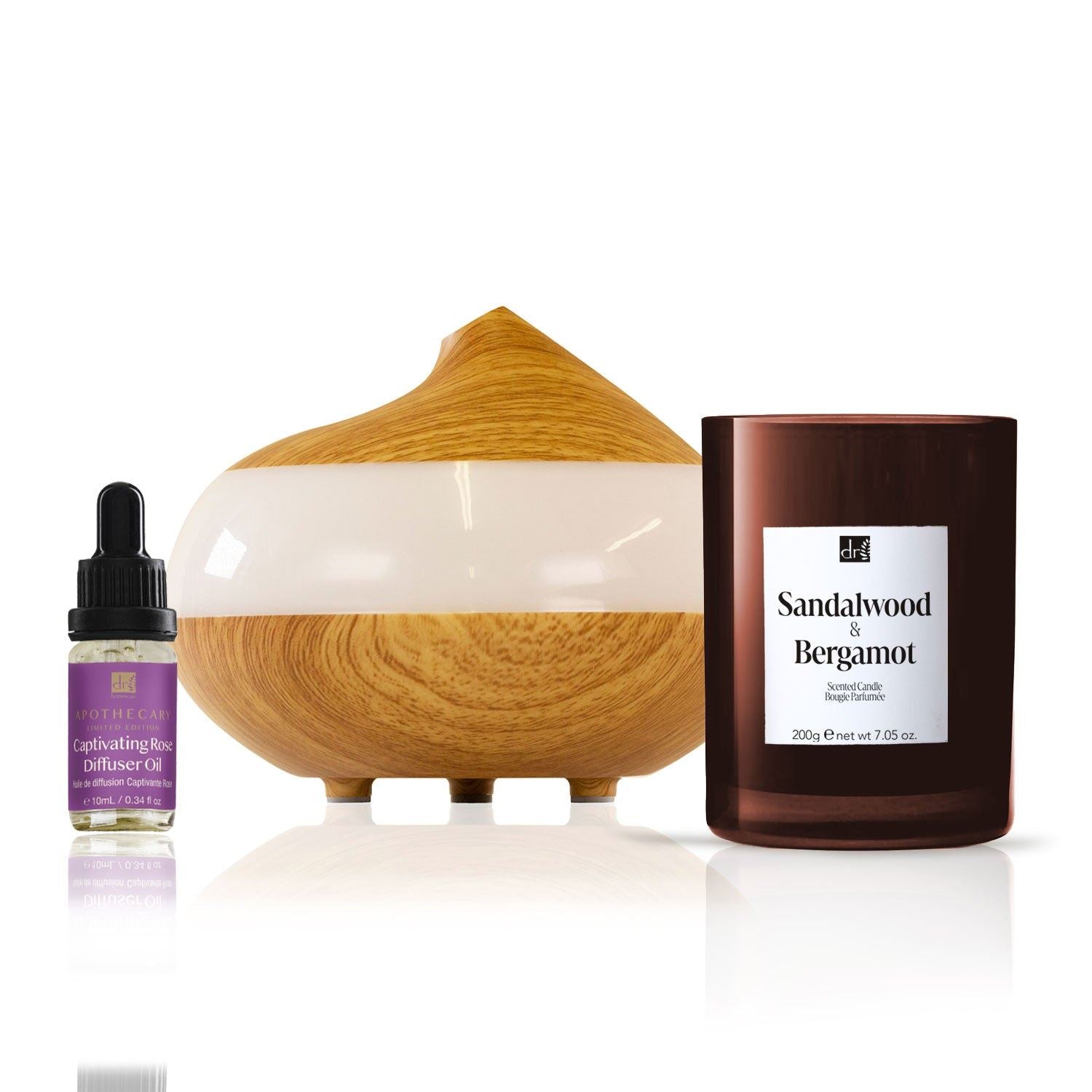 Deluxe Entspannungs-Diffusor-Set mit Rosenduft und Sandelholz- & Bergamotte-Kerze
