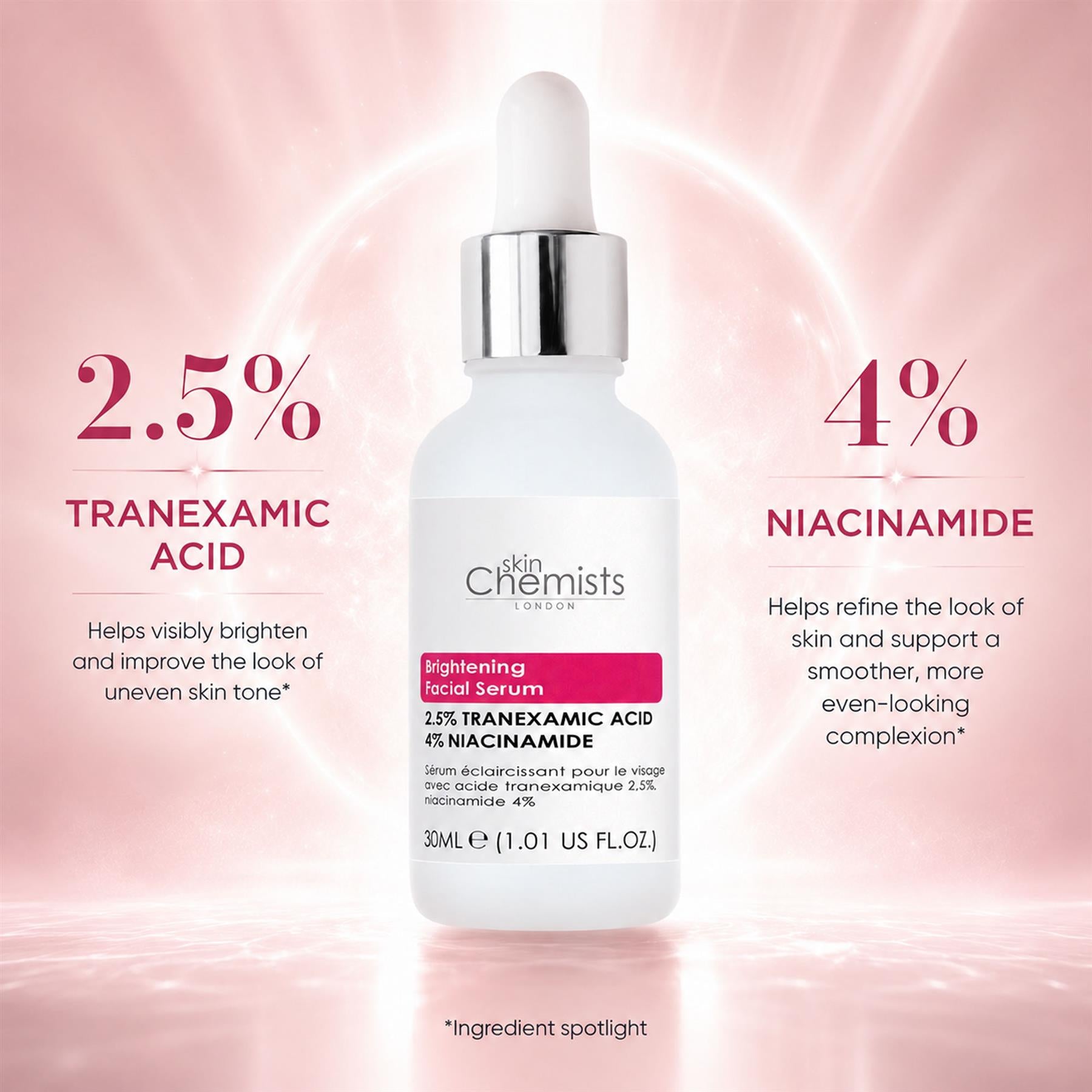 Sérum éclaircissant visage skinChemists à l'acide tranexamique 2,5 % et à la niacinamide 4 % 30 ml