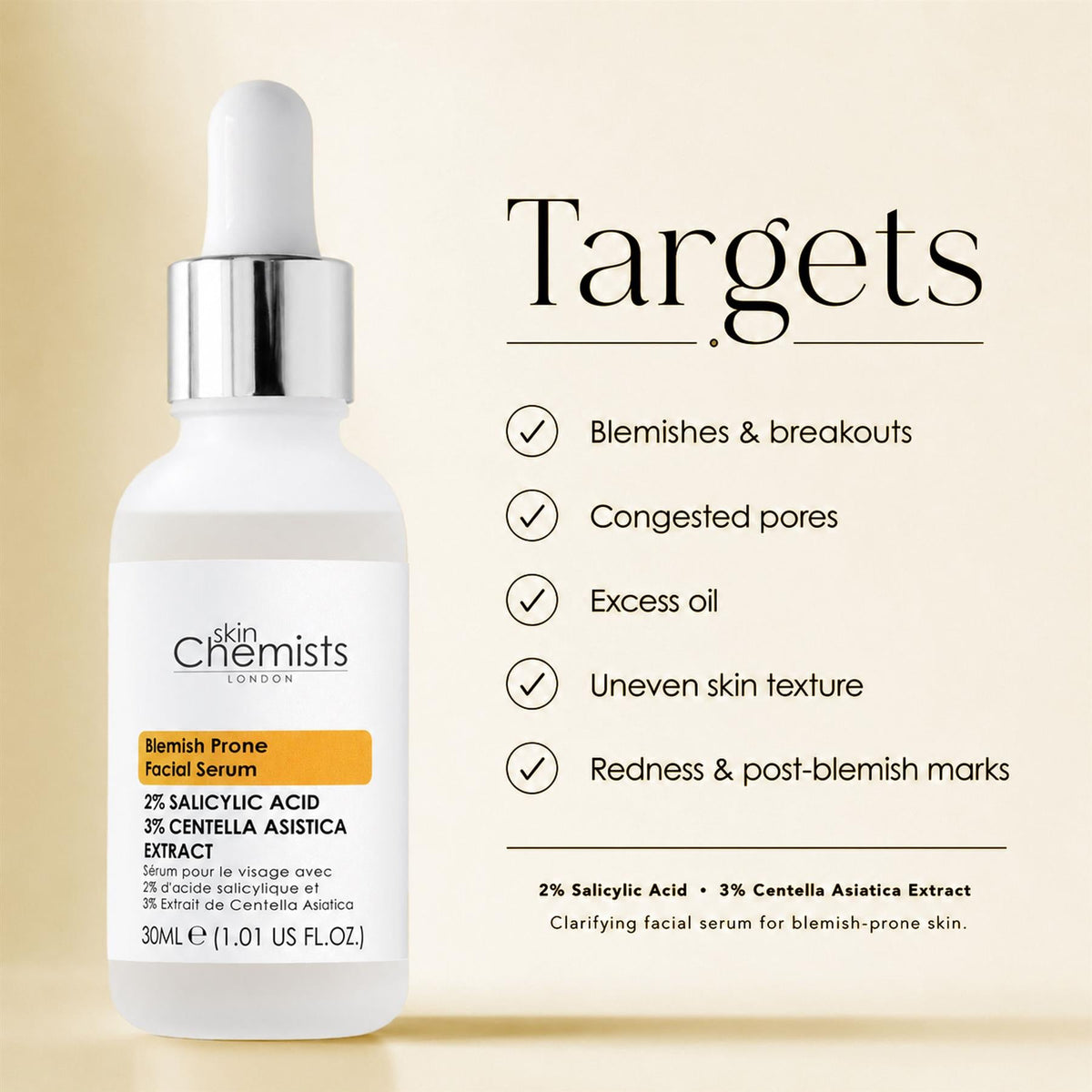 Gesichtsserum für zu Unreinheiten neigende Haut mit 2 % Salicylsäure und 3 % Centella asiatica 30ml