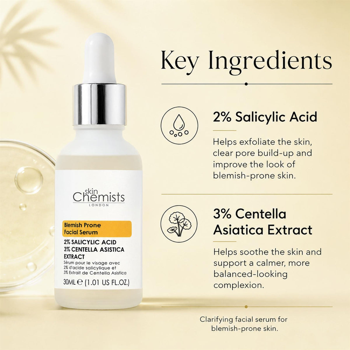 Gesichtsserum für zu Unreinheiten neigende Haut mit 2 % Salicylsäure und 3 % Centella asiatica 30ml