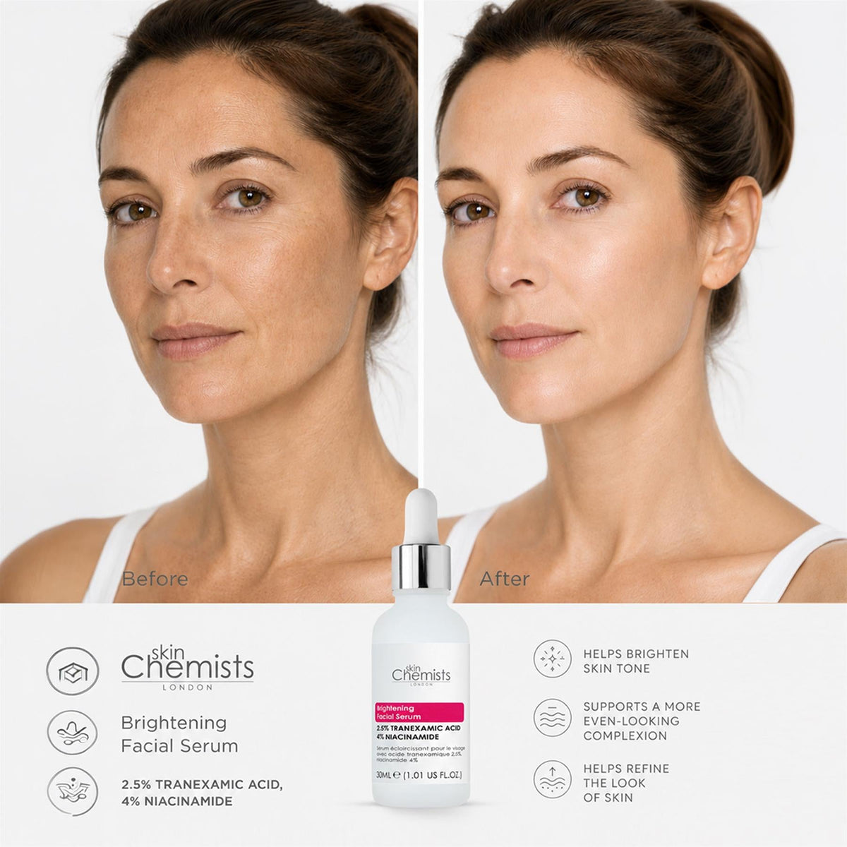 Siero viso illuminante con acido tranexamico 2,5%, 4% e niacinamide 30ml