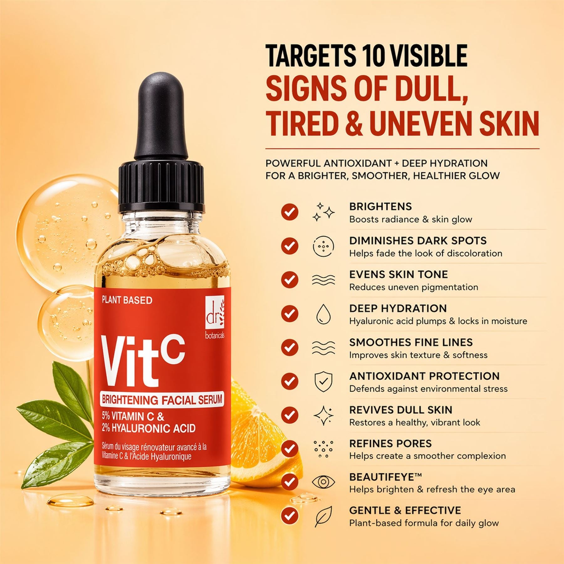 Aufhellendes Gesichtsserum mit 5 % Vitamin C und 2 % Hyaluronsäure – 30 ml