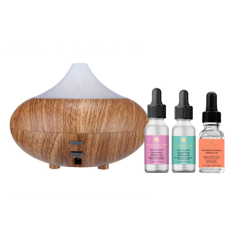 Wooden Aroma Diffuser + Oils Kit: Geranium, English Pear, Nectarine & Honey - skinChemists