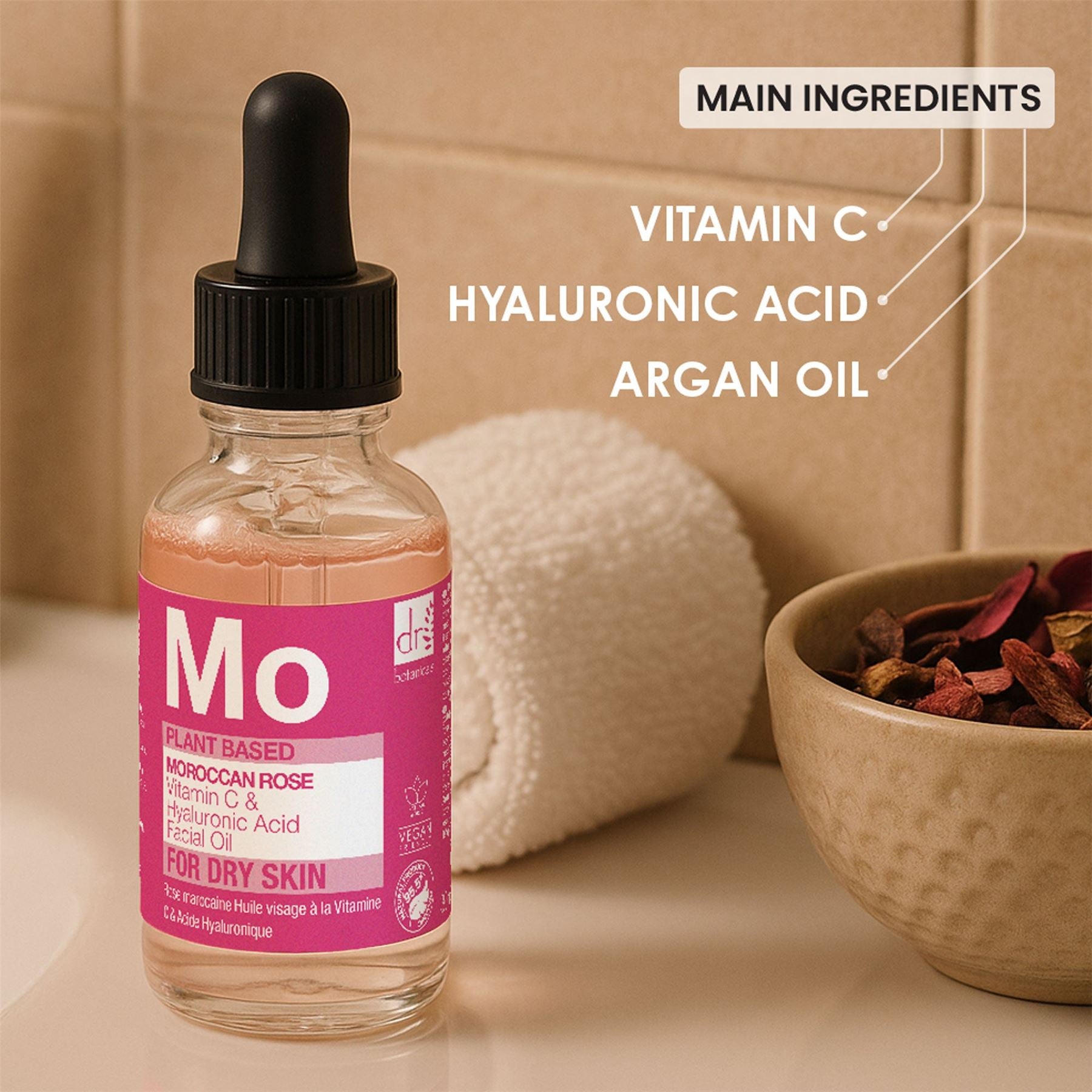 Marokkanisches Rosen-Gesichtsöl mit Hyaluronsäure und Vitamin C, 30 ml