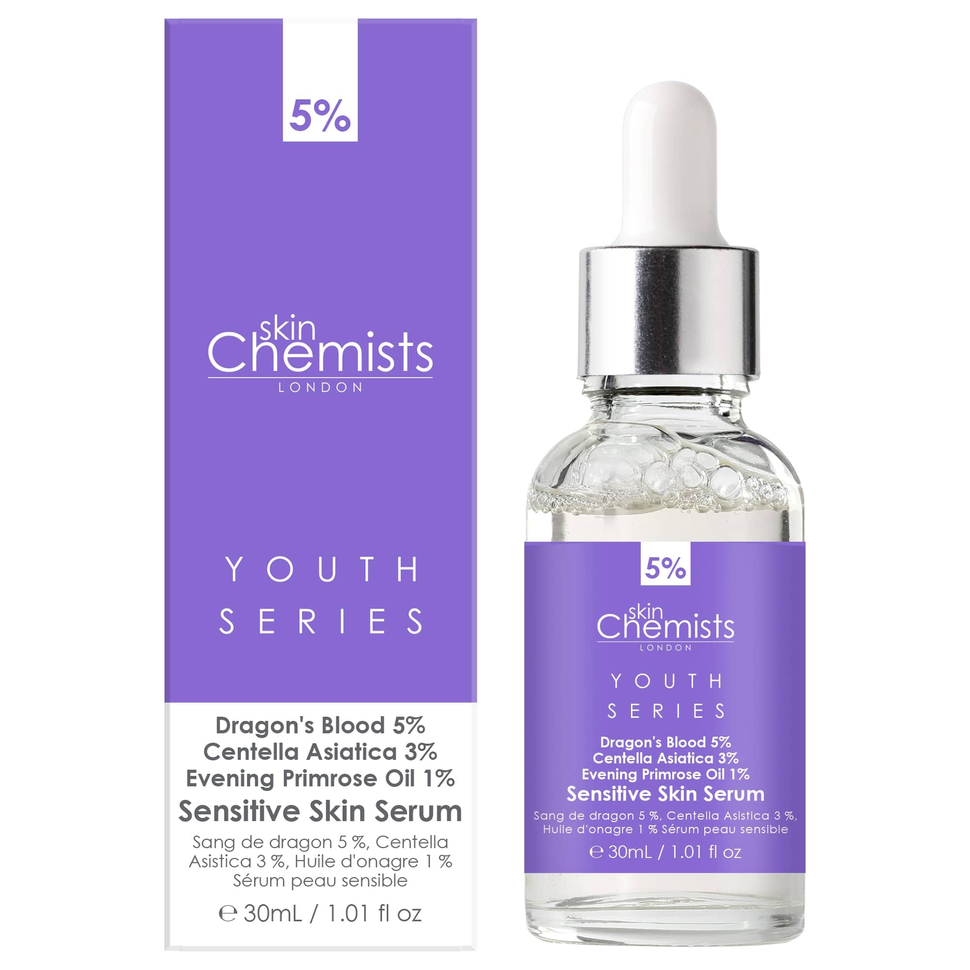 Youth Series Serum für empfindliche Haut – Drachenblut 5 %, Centella Asiatica 3 %, Nachtkerzenöl 1 %, 30 ml
