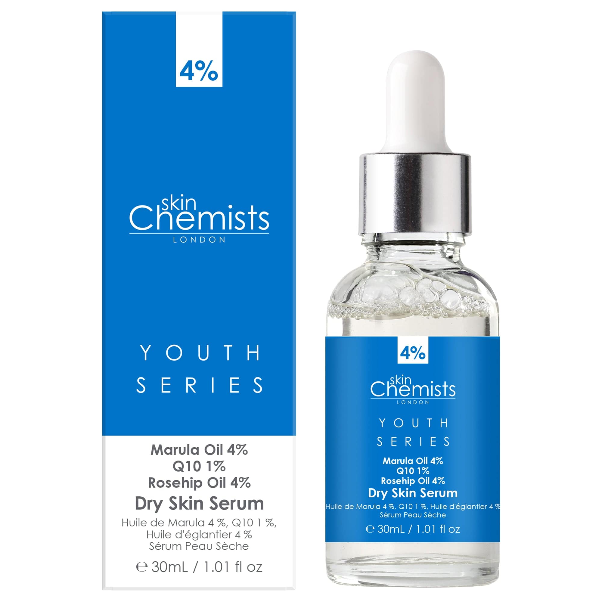 Youth Series Serum für trockene Haut mit 4 % Marulaöl, 1 % Q10 und 4 % Hagebuttenöl, 30 ml