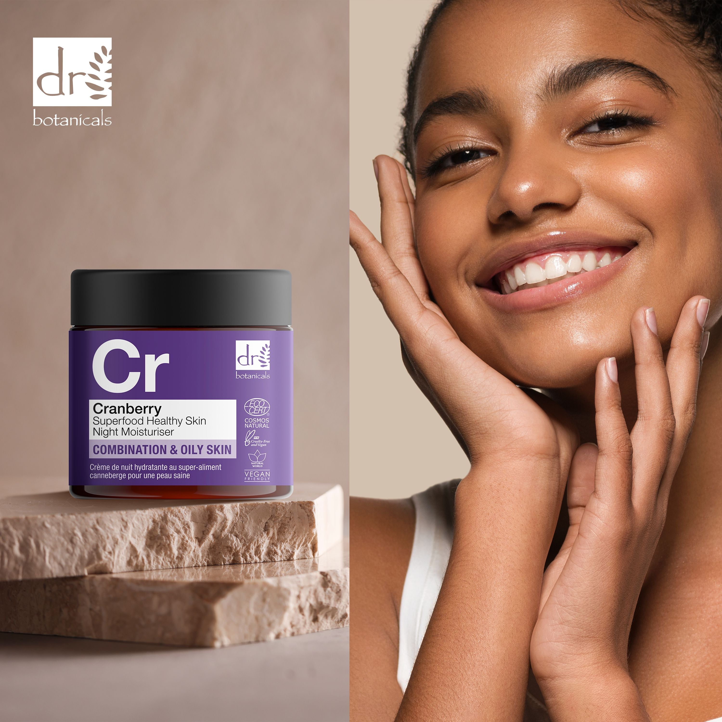 Crème de nuit hydratante à la canneberge, superaliment pour une peau saine, lot de 2 x 60 ml